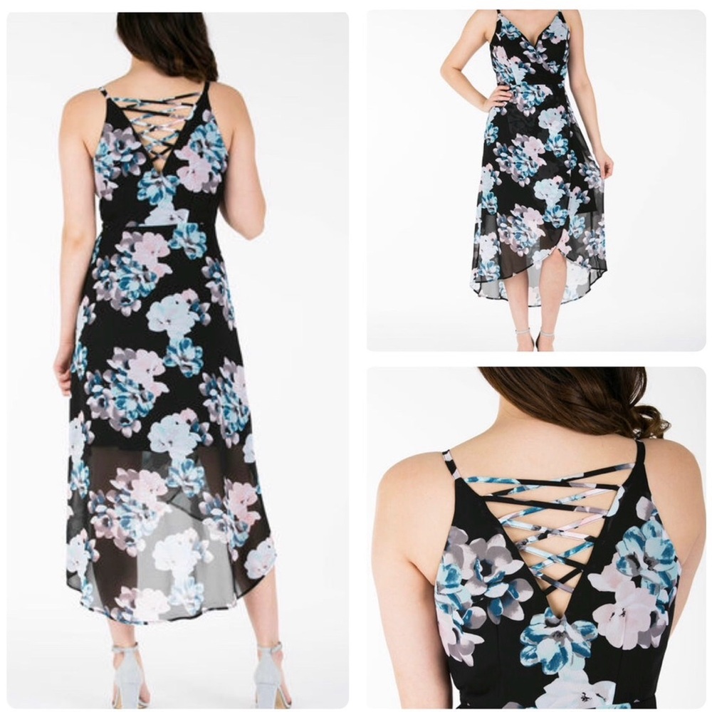 Ricki's Black High-Low Floral Midi Dress with Lace-Up Back